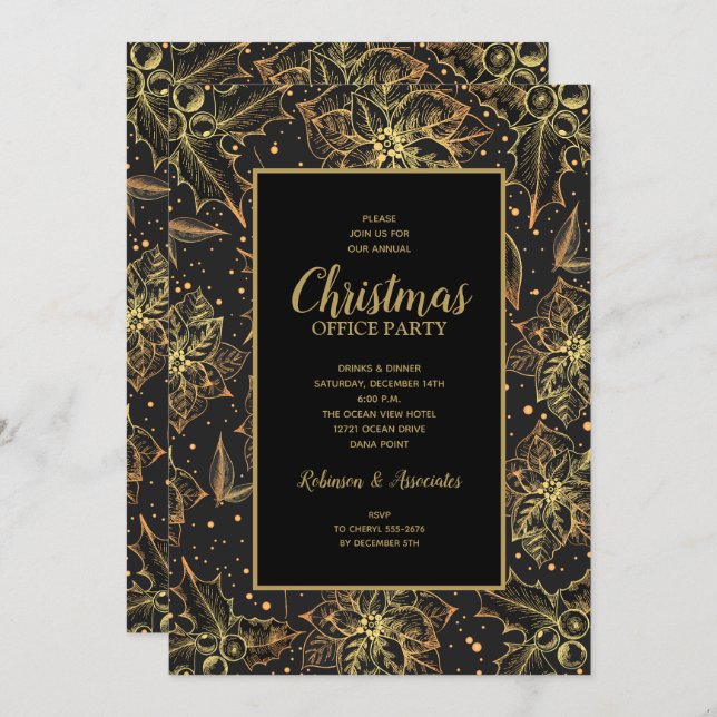 Gold Poinsettias Floral Christmas Invitations (Front/Back)