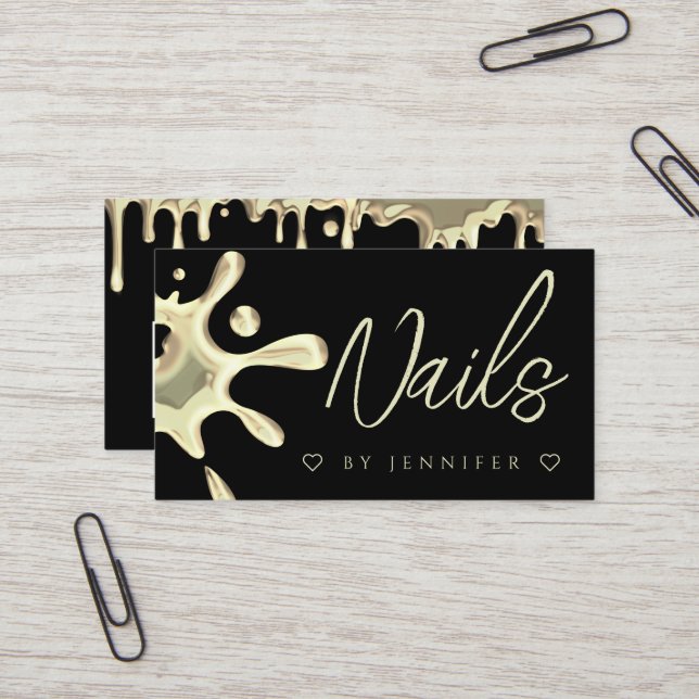 Gold Polish Splash Drips Nails QR Code Black Business Card (Front/Back In Situ)