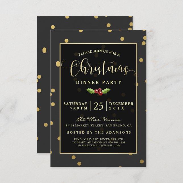 Gold Polka Dot Confetti Christmas Party Invite (Front/Back)