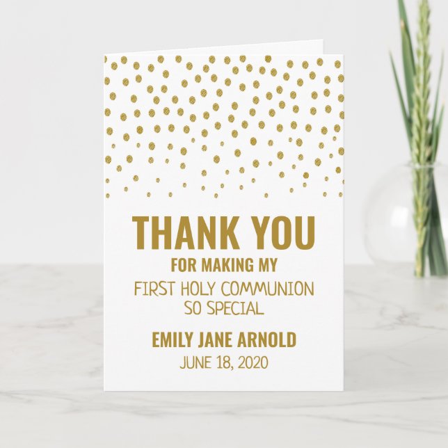 Gold Polka Dot, First Communion Thank You Card (Front)