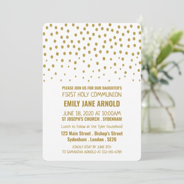 Gold Polka Dot, First Holy Communion Invitation (Standing Front)