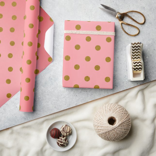 Gold Polka Dots and Coral Satin Wrapping Paper (Crafts)