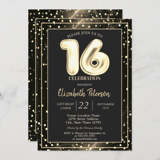 Gold Polka Dots Black Sweet 16 Party Invitation (Front/Back)