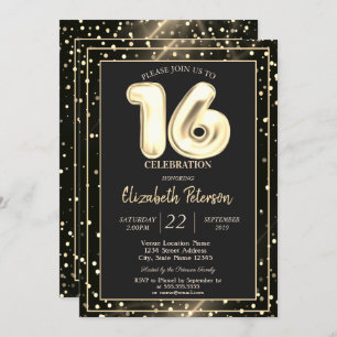 Gold Polka Dots Black Sweet 16 Party Invitation