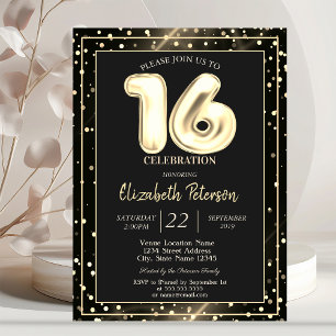Gold Polka Dots Black Sweet 16 Party Invitation