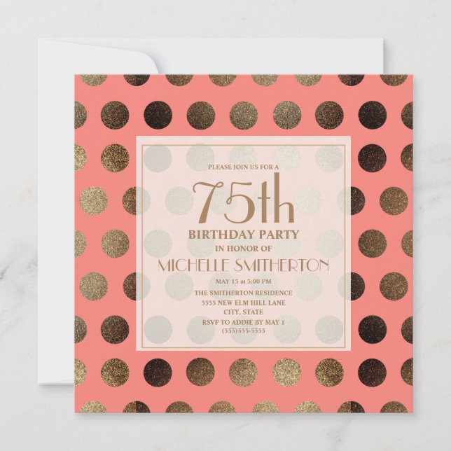 Gold Polka Dots Coral 75th Birthday Invitation (Front)