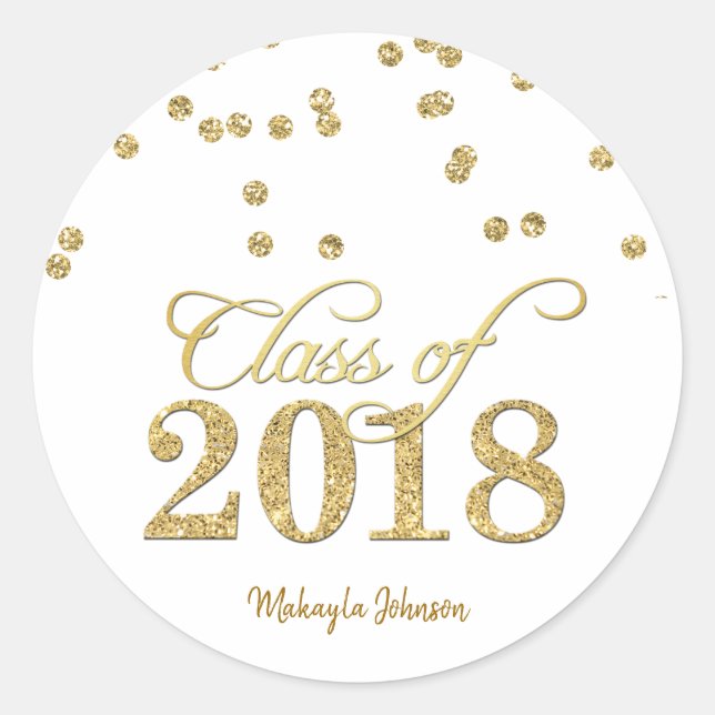 Gold Polka-dots Glitter Class of 2018 Graduation Classic Round Sticker (Front)