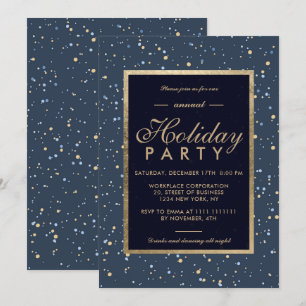 Gold polka dots navy blue winter corporate holiday invitation