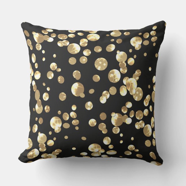 Gold polka dots on a black background . outdoor cushion (Front)