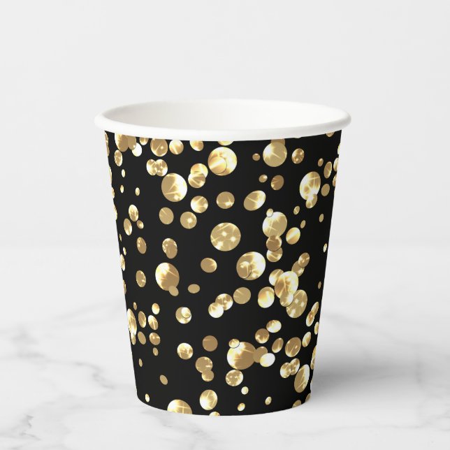 Gold polka dots on a black background . paper plat paper cups (Front)