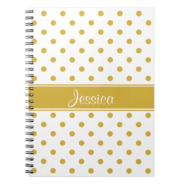 Gold Polka Dots on White Chic Personalised Name Notebook (Front)