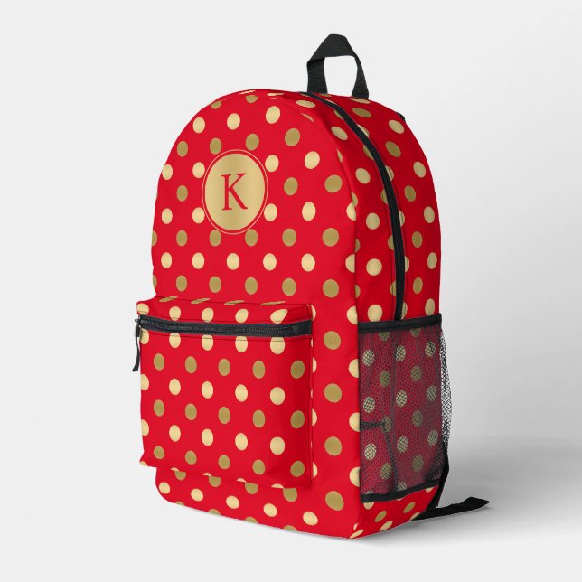 Gold polka dots pattern on red printed backpack (Back Corner Right)