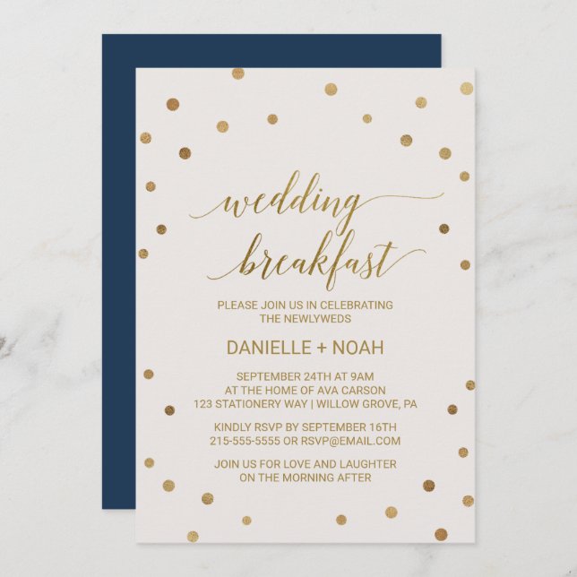 Gold Polka Dots Wedding Breakfast Invitation (Front/Back)