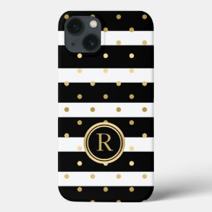 Gold Polka-Dots With Black & White Stripes P2 iPhone 13 Case