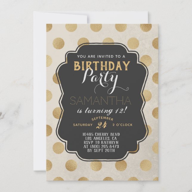Gold Polkadot Birthday Invitation (Front)
