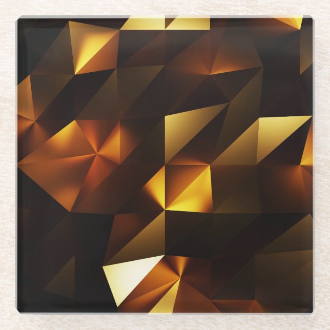 Gold Polygon: 3D Abstract Rendering Glass Coaster (Front)
