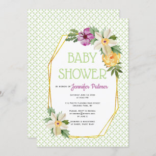 Gold polygon and flowers floral green baby shower invitation