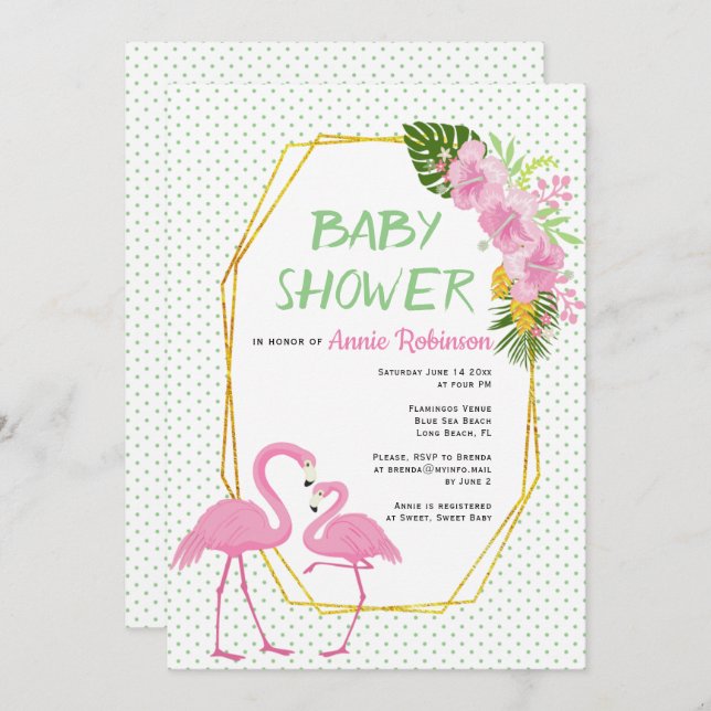Gold polygon, flamingos polka dot baby shower invitation (Front/Back)
