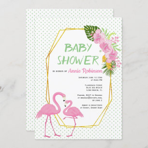 Gold polygon, flamingos polka dot baby shower invitation