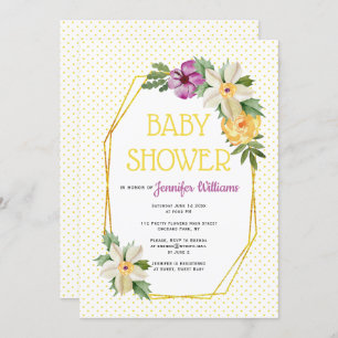 Gold polygon, flowers polka dot floral baby shower invitation