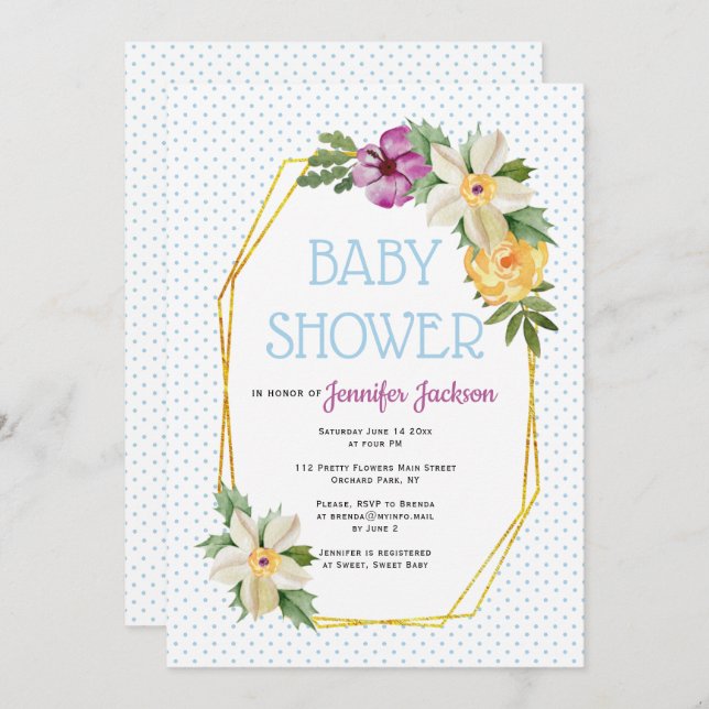 Gold polygon, flowers polka dot floral baby shower invitation (Front/Back)