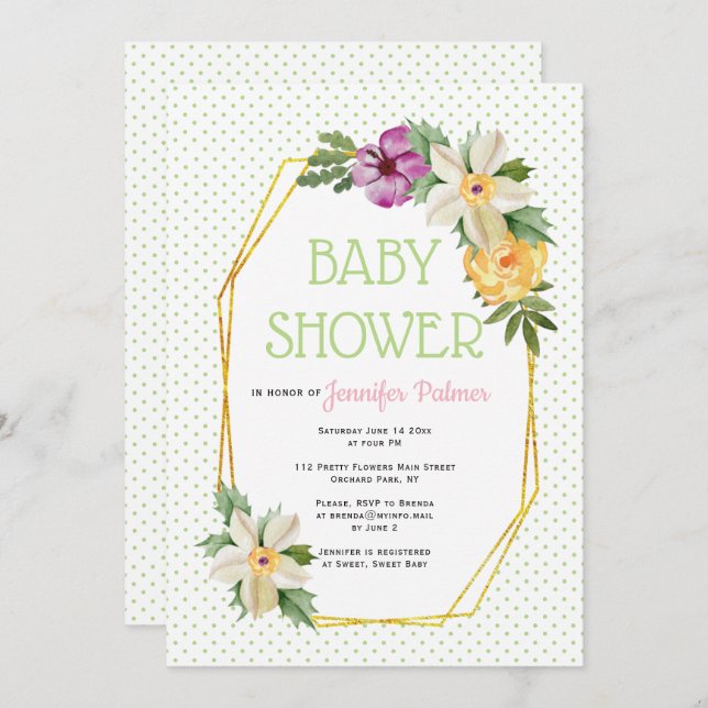 Gold polygon, flowers polka dot floral baby shower invitation (Front/Back)