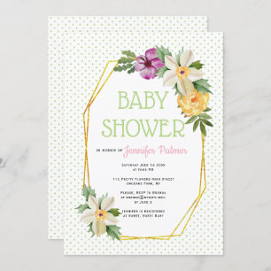 Gold polygon, flowers polka dot floral baby shower invitation