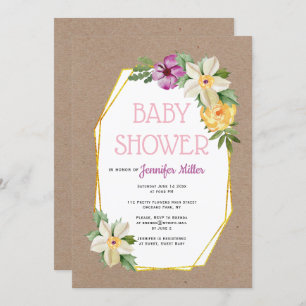 Gold polygon kraft paper rustic floral baby shower invitation
