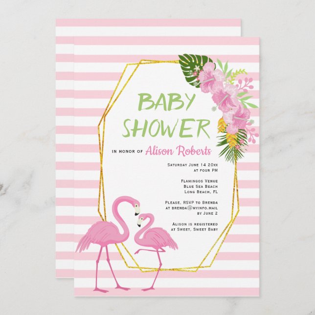 Gold polygon, pink flamingos baby shower invitation (Front/Back)