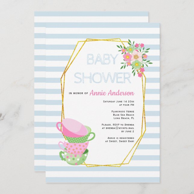 Gold polygon, teacups pale blue floral baby shower invitation (Front/Back)