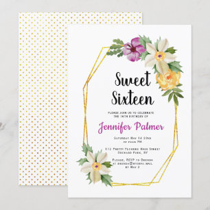 Gold polygon watercolor flowers Sweet Sixteen Invitation