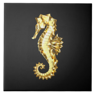 Gold Polygonal Seahorse Ceramic Tile