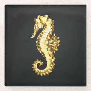 Gold Polygonal Seahorse Glass Coaster