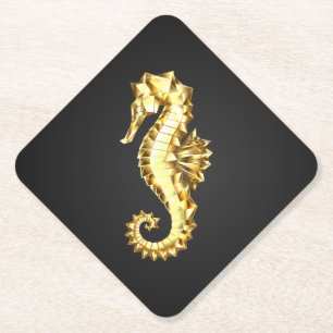 Gold Polygonal Seahorse Paper Coaster
