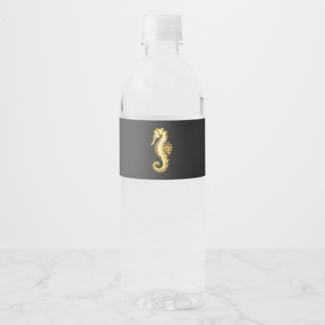 Gold Polygonal Seahorse Water Bottle Label (Front)