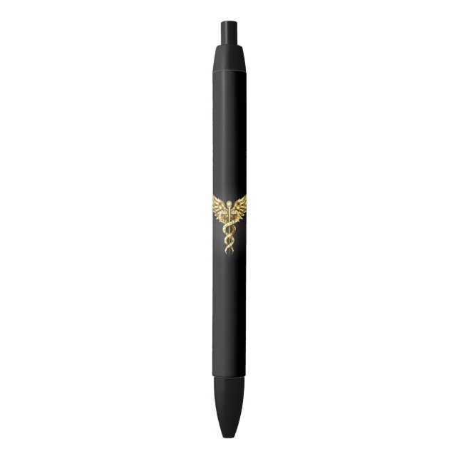 Gold Polygonal Symbol Caduceus Black Ink Pen (Front Vertical)