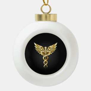 Gold Polygonal Symbol Caduceus Ceramic Ball Christmas Ornament