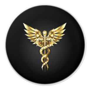 Gold Polygonal Symbol Caduceus Ceramic Knob