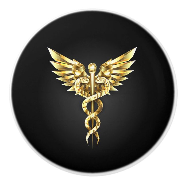 Gold Polygonal Symbol Caduceus Ceramic Knob (Front)