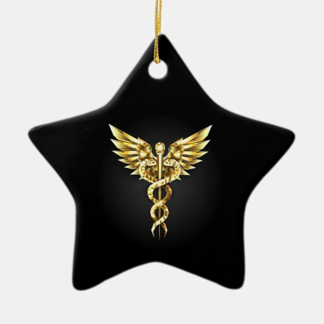 Gold Polygonal Symbol Caduceus Ceramic Ornament (Front)