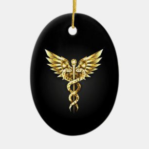 Gold Polygonal Symbol Caduceus Ceramic Ornament