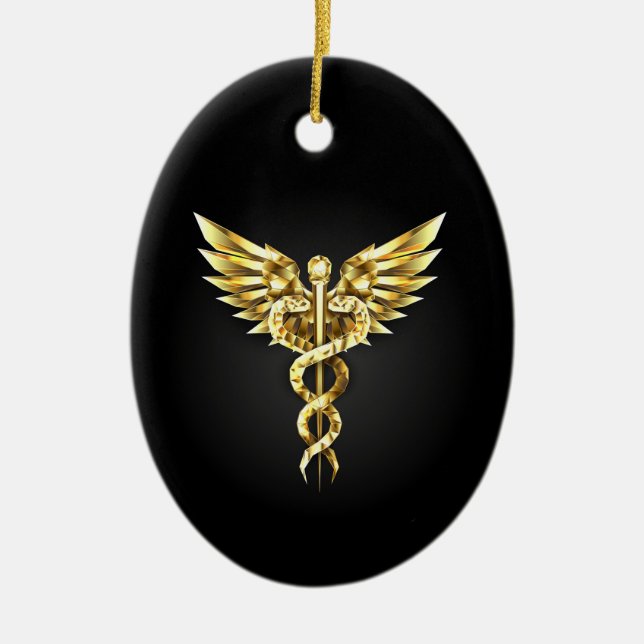 Gold Polygonal Symbol Caduceus Ceramic Ornament (Front)