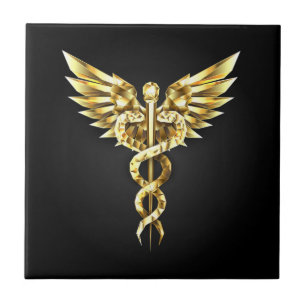 Gold Polygonal Symbol Caduceus Ceramic Tile