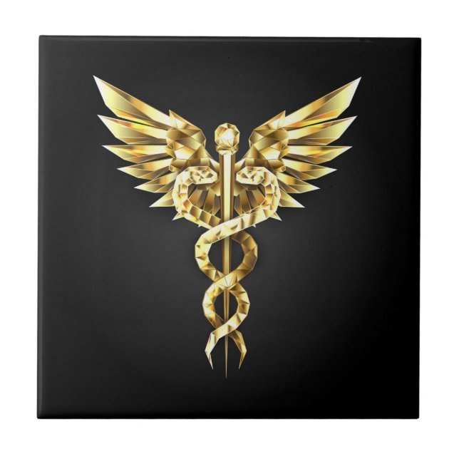 Gold Polygonal Symbol Caduceus Ceramic Tile (Front)