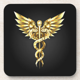 Gold Polygonal Symbol Caduceus Coaster