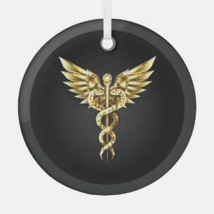 Gold Polygonal Symbol Caduceus Glass Tree Decoration