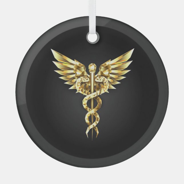 Gold Polygonal Symbol Caduceus Glass Tree Decoration (Front)
