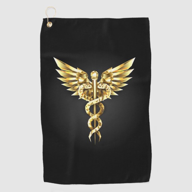 Gold Polygonal Symbol Caduceus Golf Towel (Front)