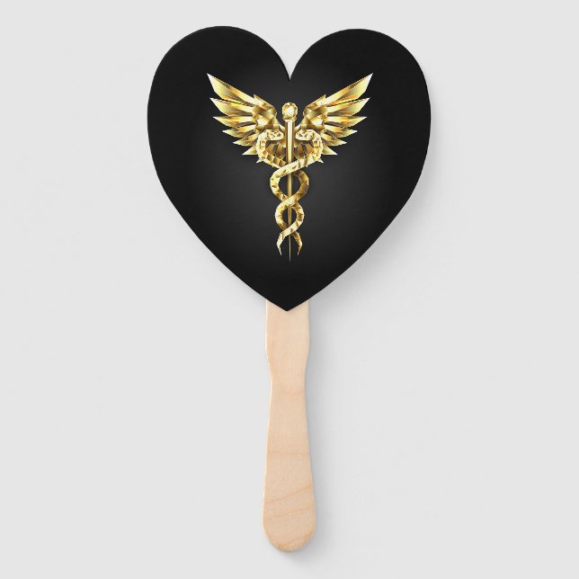 Gold Polygonal Symbol Caduceus Hand Fan (Front)