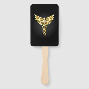 Gold Polygonal Symbol Caduceus Hand Fan
